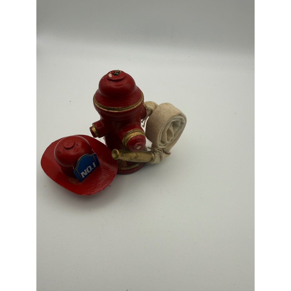 Vintage Wooden Fire Hydrant and Fireman Hat Set Red Gold Decor Made in Taiwan